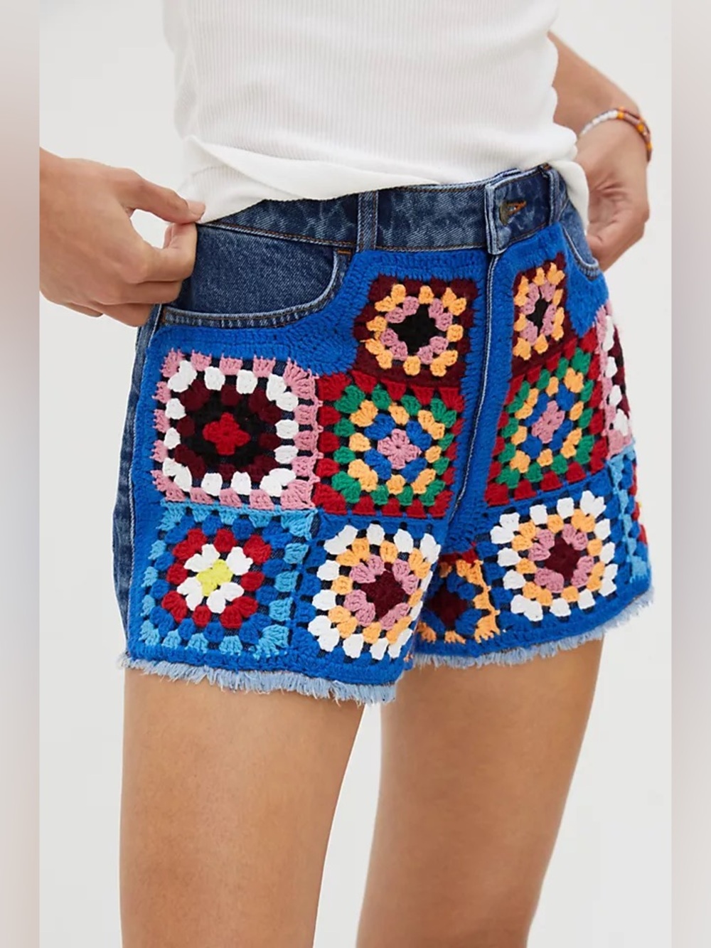 FARM For Anthropologie Blue Denim Crochet Patchwork Shorts PR26-29